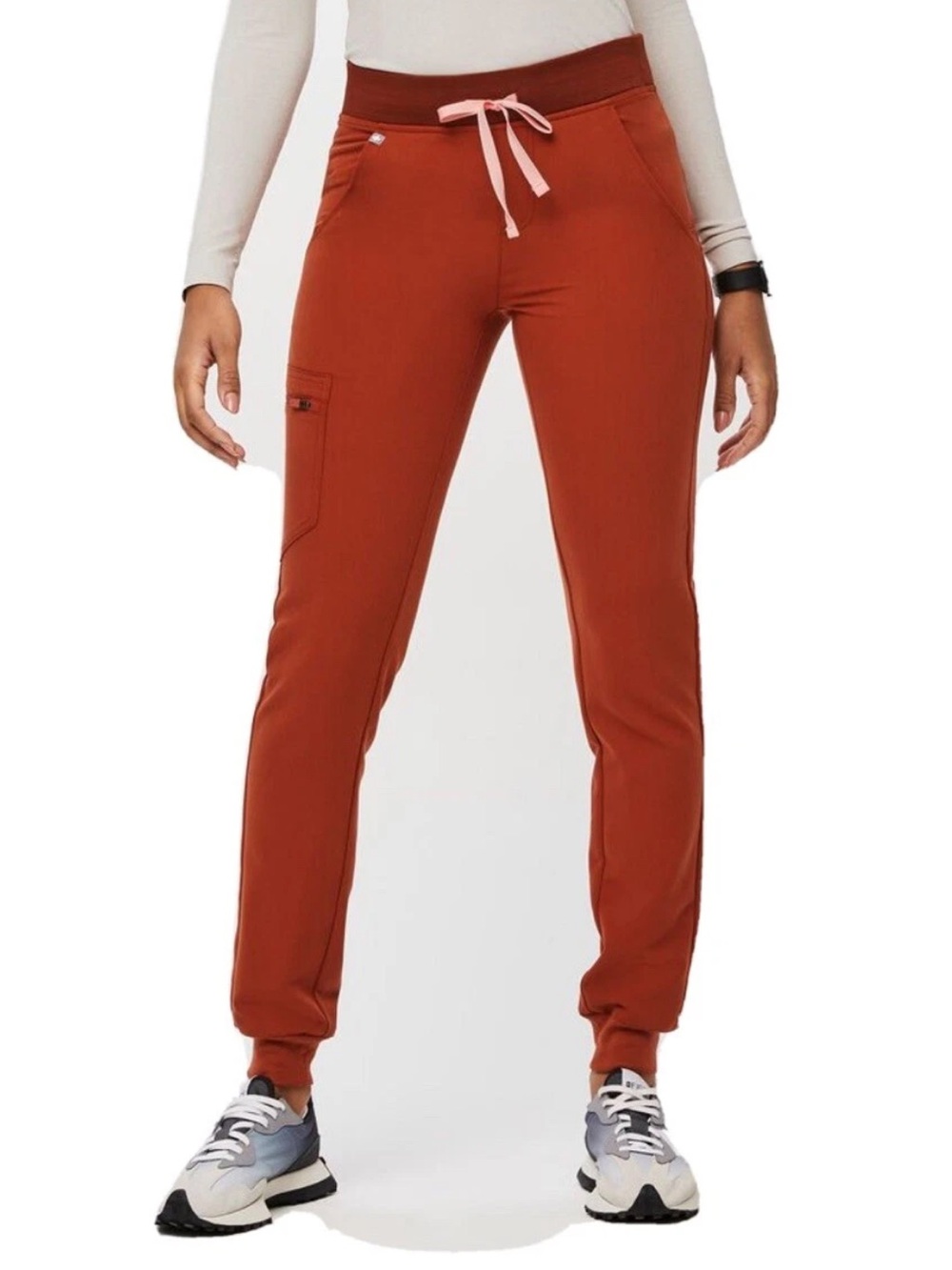 Figs Scrub Zamora Pants Rust Track Joggers with Pink Drawstring